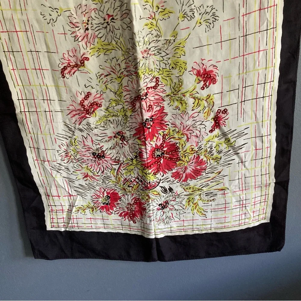 Vintage Silk Floral Scarf With Beading & Sequins Detail